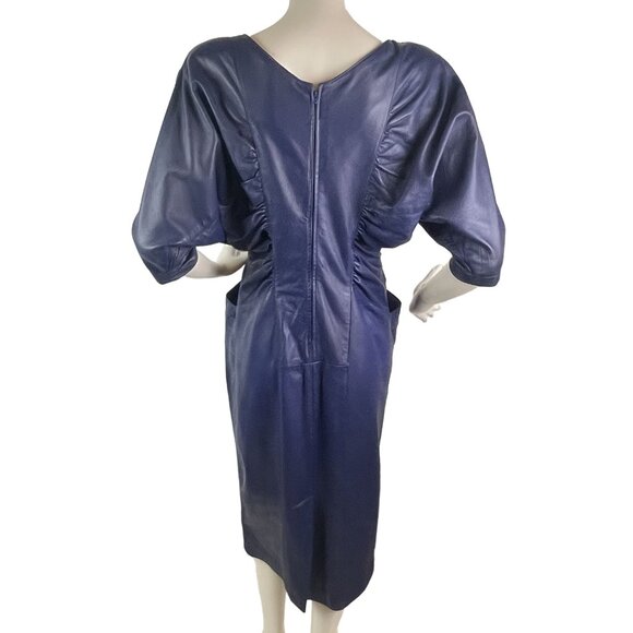 80s Glam Womens Real Leather Dress Navy Blue Ruched Size 9 Glam Rock Dress - Picture 3 of 16